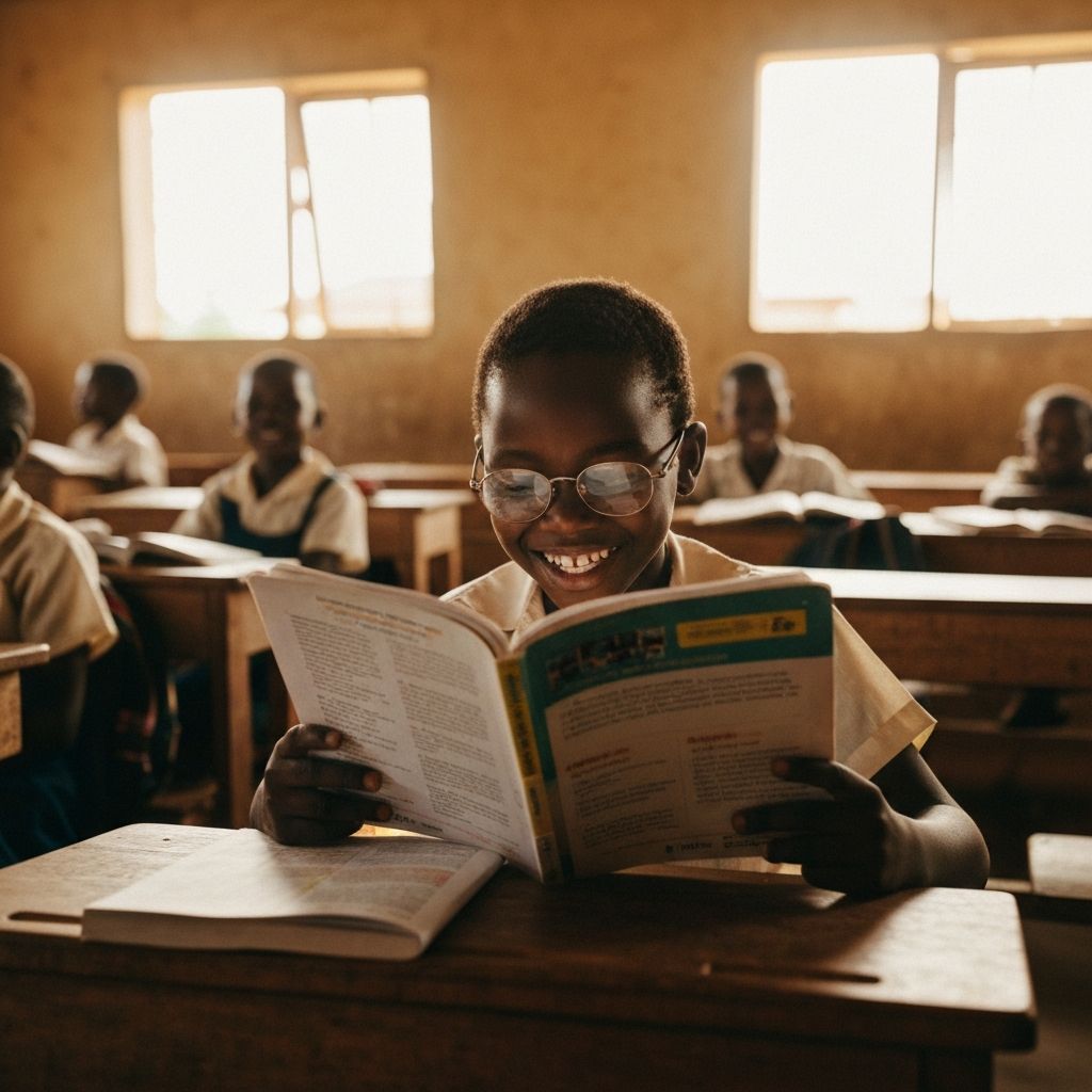 Student reading with new glasses